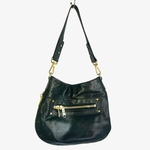 MILLY BLACK LEATHER HOBO BAG GOLD ACCENT ZIPPER  DESIGN SHOULDER BAG